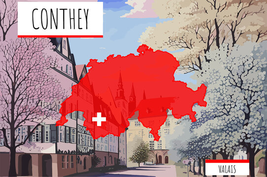 Conthey on a Swiss map with a scene in Switzerland