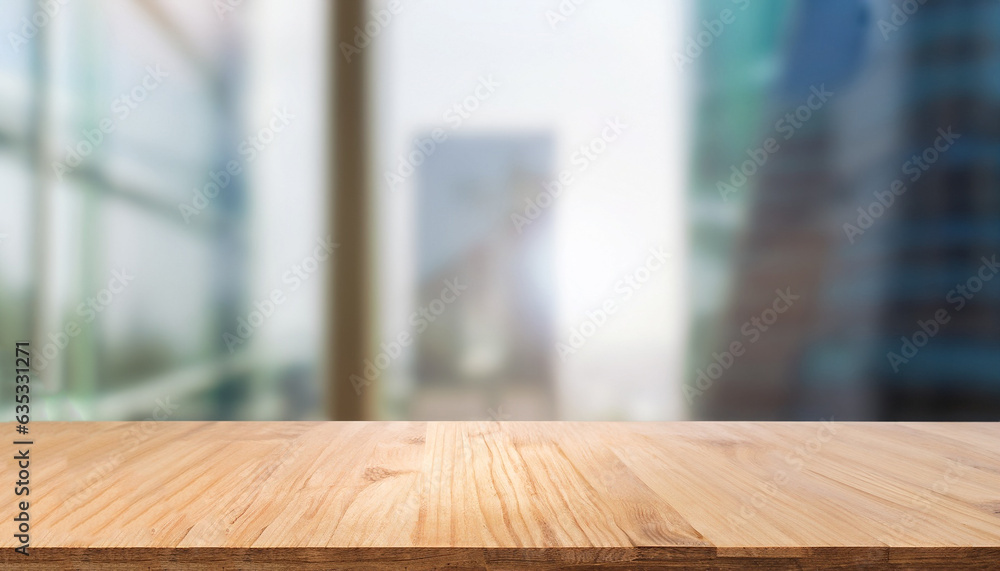 Poster empty wood table top and blur glass window wall building banner mock up abstract background - can us