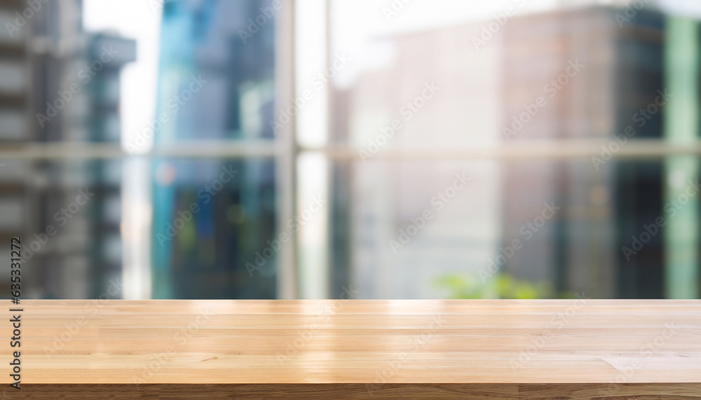 Poster empty wood table top and blur glass window wall building banner mock up abstract background - can us