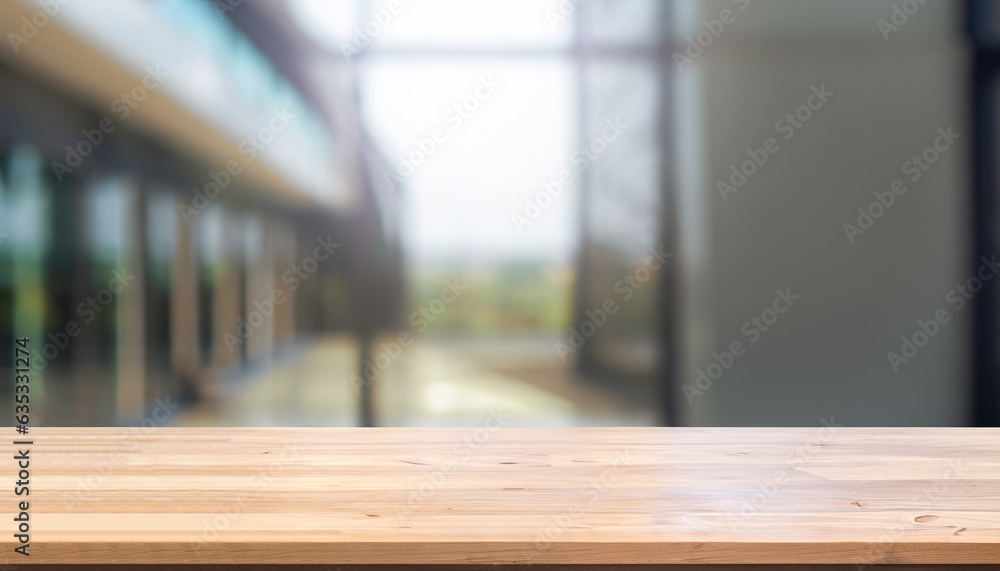 Poster empty wood table top and blur glass window wall building banner mock up abstract background - can us