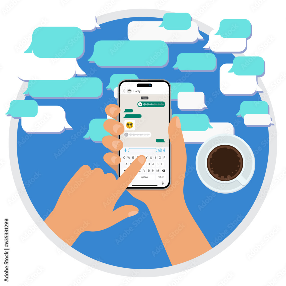 Poster hand holds the smartphone with messenger application. instant communication with smartphone chat, sm