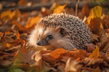 Fototapeta premium Hedgehog in forest with colorful autumn leaves