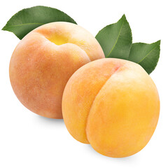 Yellow Peach with leaf isolated on white background, Fresh Yellow Peach Fruit on White With clipping path. 