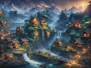 Vibrant greenery of the countrysides seamlessly blends with the majestic mountains and the serene flow of waterfalls creating a harmonious and tranquil scene.