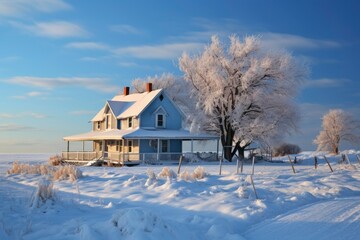 Winter house in mountain snow panoramic landscape. Traditional house in the winter snow