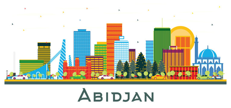 Abidjan Ivory Coast City Skyline with Color Buildings isolated on white.