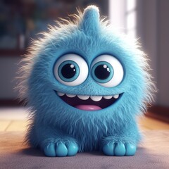 Obraz premium Cute blue furry monster 3D cartoon character