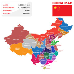 China map divided into provinces or regions with modern borders. Geographic location indication. Infographic design template for presentation, brochure, touristic website. Eps 10 vector illustration.