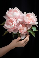 Female hand holds beautiful bouquet of pink peonies on black background. Flower delivery concept. Vertical. Generative ai