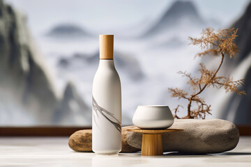 Obraz na płótnie Canvas White sake bottle with white ceramic cup