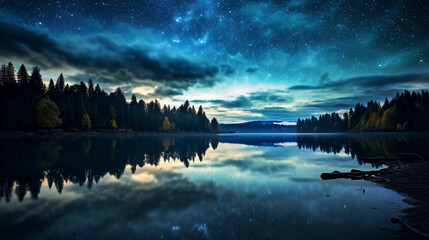 The awe-inspiring vastness of a starry night sky over a calm lake, using a long exposure and a wide-aperture lens to capture the Milky Way's brilliance and its reflection on the tranquil waters below
