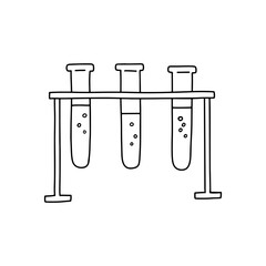 Flask with liquid for scientific experiment. Chemical research laboratory equipment. Chemistry laboratory glassware. Vector doodle sketch