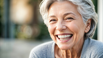closeup photo portrait of a beautiful elderly senior model woman with grey hair laughing and smiling with clean teeth, generative AI