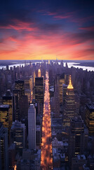 Twilight with a citywide panoramic view, combining multiple shots using a wide-angle lens and then stitching them together to showcase the urban lights and the fading colors of the setting sun