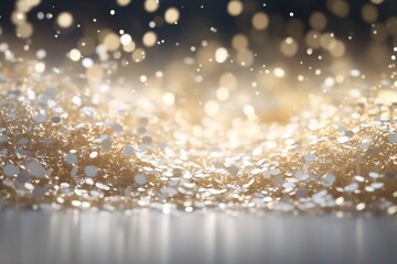 Abstract background. Golden tinsel background. Abstract background with bokeh defocused lights and glittering particles. Precious Dust. Splash of gems. Selective focus. Artistic blur. 3d rendering, 3d