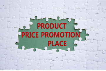 Product Price Promotion Place symbol. White puzzle with words Product Price Promotion Place. Beautiful grey green background. Business concept. Copy space.