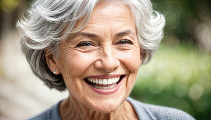 closeup photo portrait of a beautiful elderly senior model woman with grey hair laughing and smiling with clean teeth, generative AI