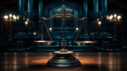 Fototapeta na wymiar Scales of Justice in the dark Court Hall