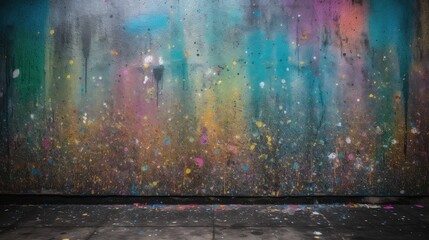 Colorful paints on grey grunge wall. Generative AI
