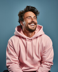 Fototapeta premium Young handome man smiling wearing pink sweatshirt isolated on dark blue background , Created with Generative Ai Technology