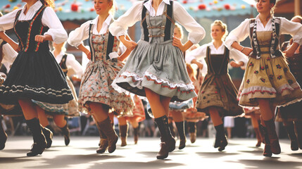 Group of locals dressed in traditional Bavarian fluffy skirt, blouse, corset with lacing and apron, enjoying a lively polka dance at Oktoberfest. Banner. Generative Ai