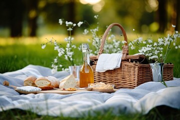 Picnic basket with fruit and vegetables on a blanket in the park. Summer picnic with fresh fruits and croissants in the garden. Selectiv focus. - obrazy, fototapety, plakaty