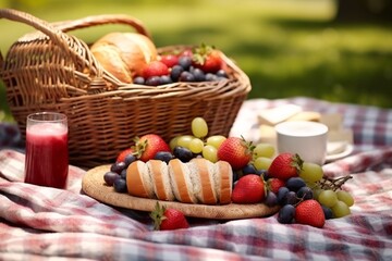 Picnic basket with fruit and vegetables on a blanket in the park. Summer picnic with fresh fruits and croissants in the garden. Selectiv focus.