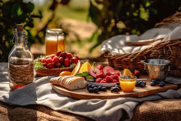 Picnic basket with fruit and vegetables on a blanket in the park. Summer picnic with fresh fruits...