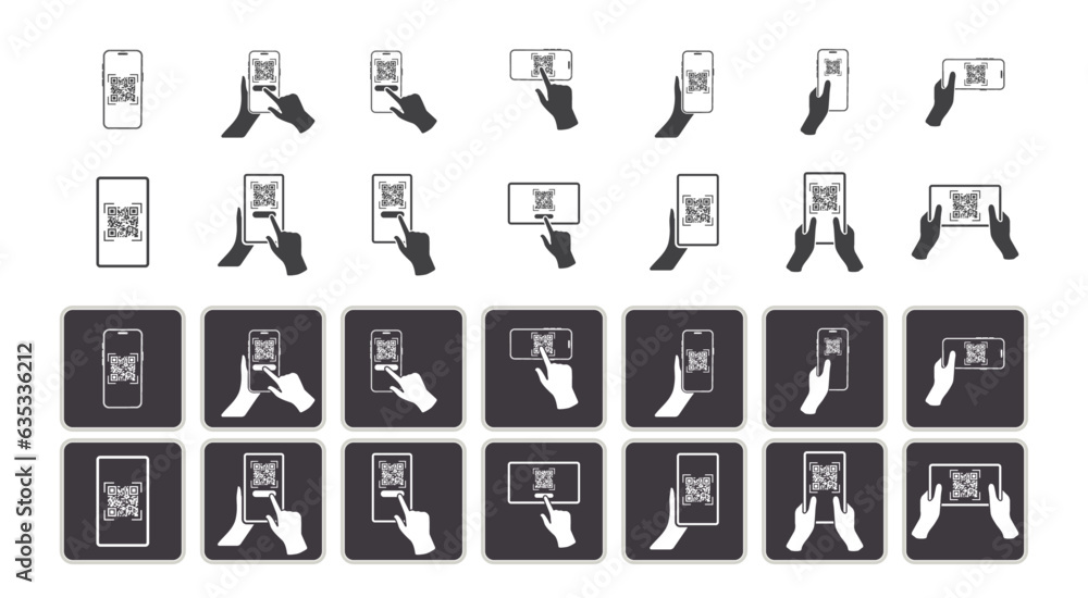 Poster a collection of mobile scanning qr code icons, depicting hands grasping a smartphone and a tablet. s