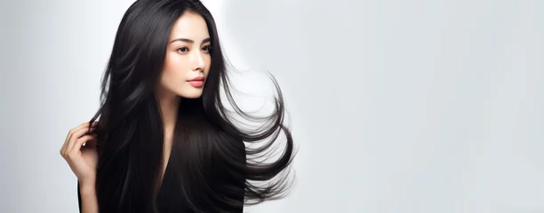 Fototapete Schönheitssalon Beautiful young asian model advertising long black hair. Advertising design for cosmetics, beauty salon. Banner. Generative Ai content.