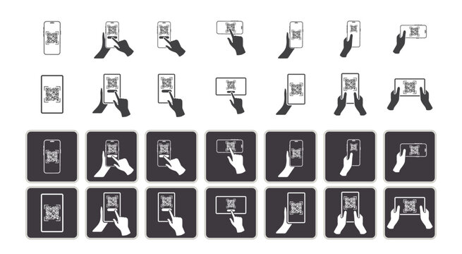 A collection of mobile scanning QR code icons, depicting hands grasping a smartphone and a tablet. Smartphone with QR code icon set in flat style collection. Mobile phone with hand and qr code symbol.