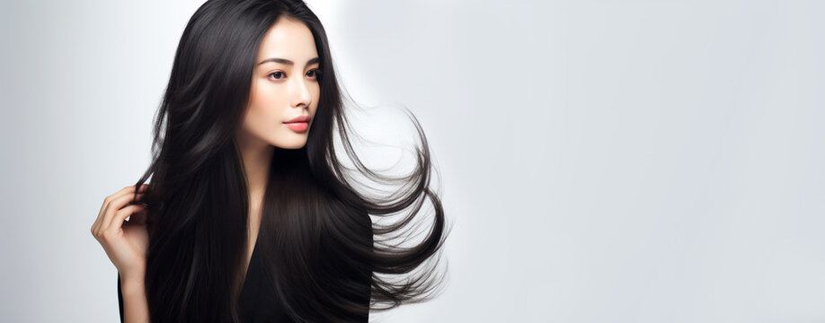 Beautiful young asian model advertising long black hair. Advertising design for cosmetics, beauty salon. Banner. Generative Ai content.