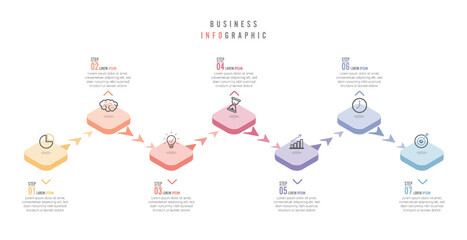 Vector infographic template with 3D paper label, integrated circles. Business concept with 7 options. For content, diagram, flowchart, steps, parts, timeline infographics, workflow, chart.