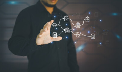 Big Data Technology for Business Finance Analytic Concept. Modern graphic interface shows massive information of business sale report, profit chart and stock market trends analysis on screen monitor.
