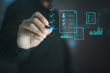 Human Resources HR management Recruitment Employment Headhunting Concept , Human Resources uses computers to search and select job applicantsThe process of selecting people to join the work of the HR.