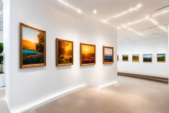 An art gallery with beautiful paintings displayed on minimalist white walls