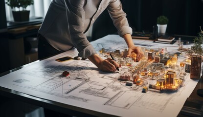 Concentrated on blueprint draft, crafting intricate architectural layouts with precision and care Generative AI