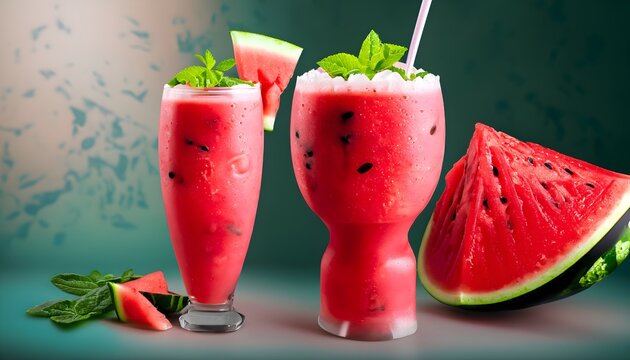 Craft an artistic representation of a watermelon smoothie with a slice of fruit and a mint lea