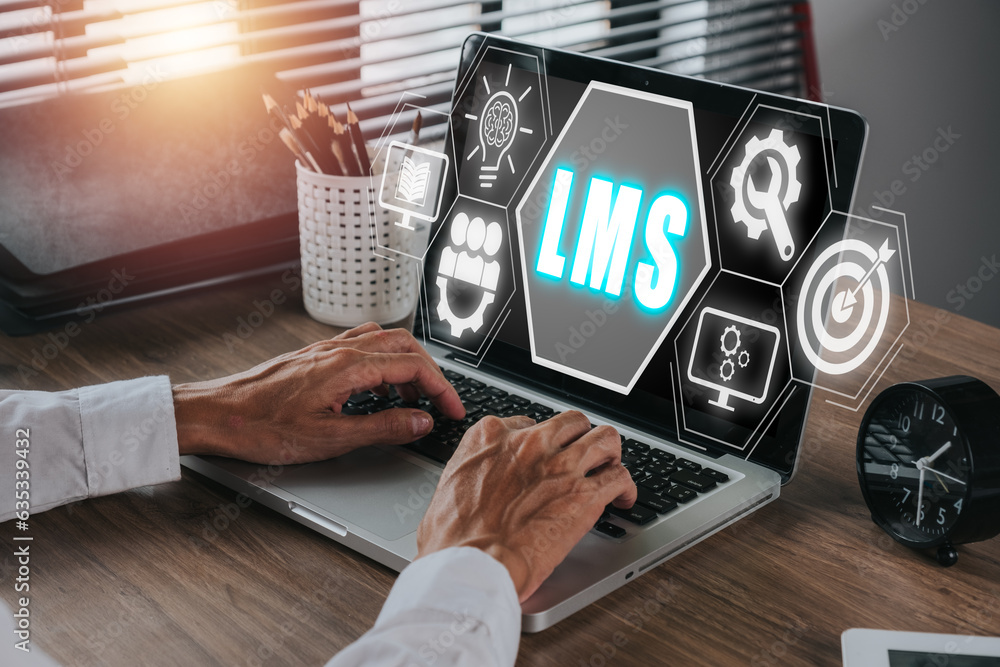 Aufkleber lms, learning management system concept, business person using laptop computer with lms icon on virt