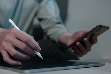 Social media and digital online concept, man using smart phone. The concept of living on vacation and playing social media. Social Distancing ,Working From Home