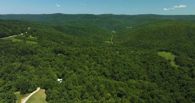 Vast Landscape Of Dense Thicket At Steel Creek Campground Near Buffalo National River, Arkansas, USA. Aerial Wide Shot
