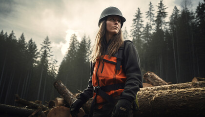 A female logger looks over her shoulder
