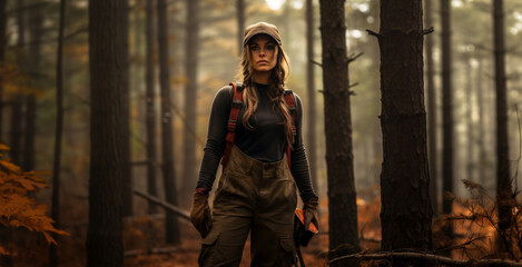 A female outdoorsman poses in the woods - obrazy, fototapety, plakaty