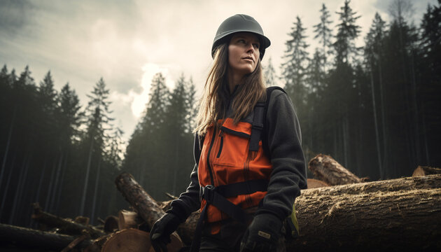A female logger looks over her shoulder