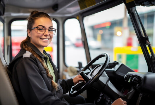 A female truck driver smiling at the camera