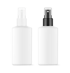 Realistic spray bottles mockup with different caps. Vector illustration isolated on white background. Сan be used for cosmetic, medical, sanitary and other needs. Symmetrical lighting scheme. EPS10.
