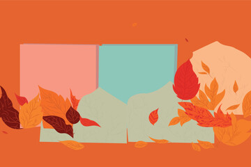 Creative autumn background with space for text. Autumn leaves and paper stickers (for collage or note) in a trendy color palette. Abstract unusual design. Original design. Vector graphic design  - 635341006