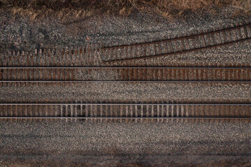 Aerial photo looking straight down on train tracks