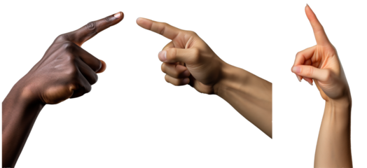 Collection of hands pointing. Isolated on transparent background