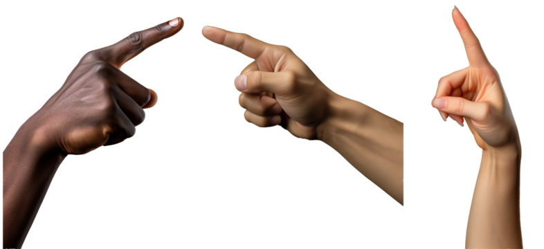 Collection of hands pointing. Isolated on transparent background